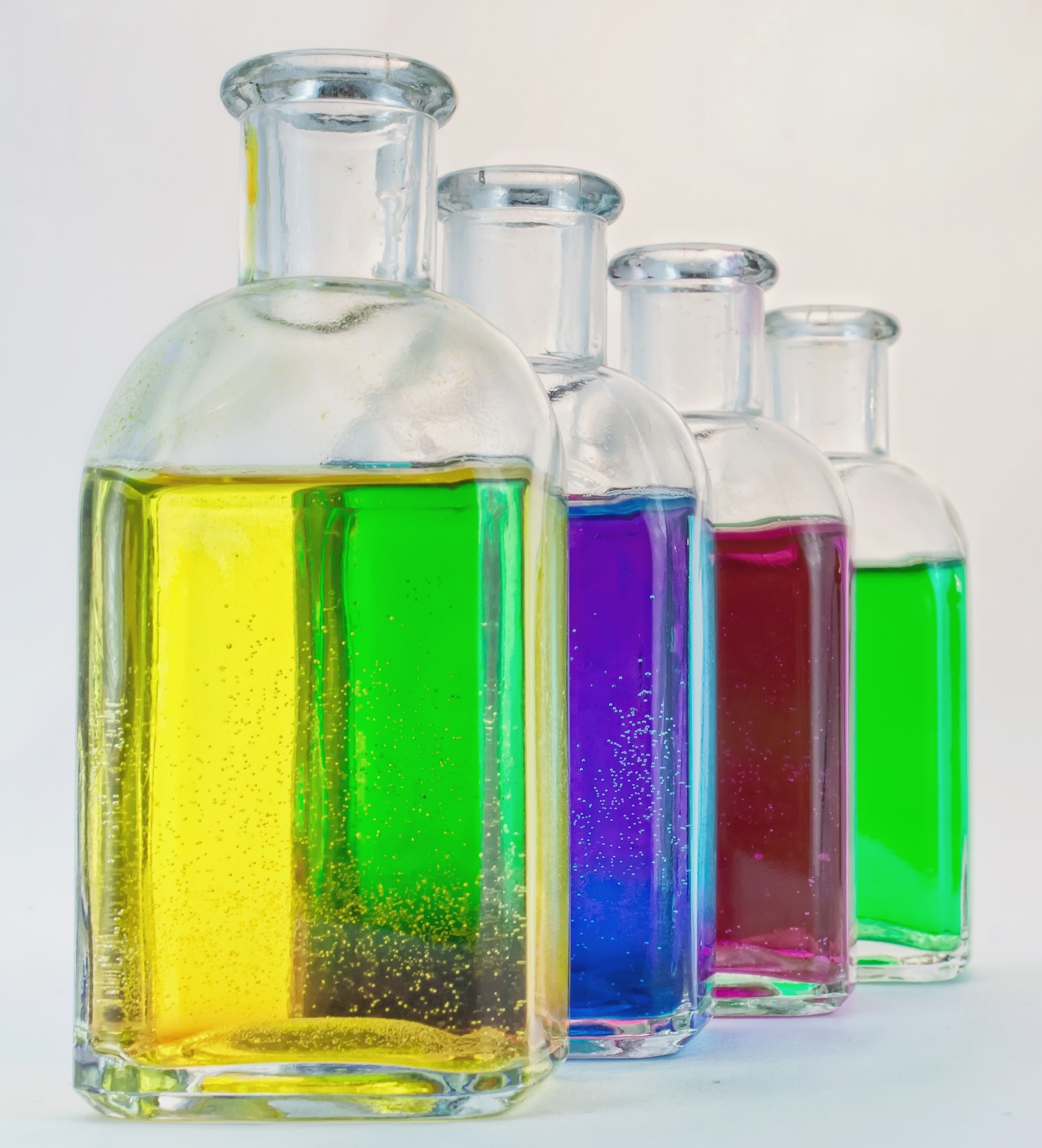 Bottles containing colored liquid